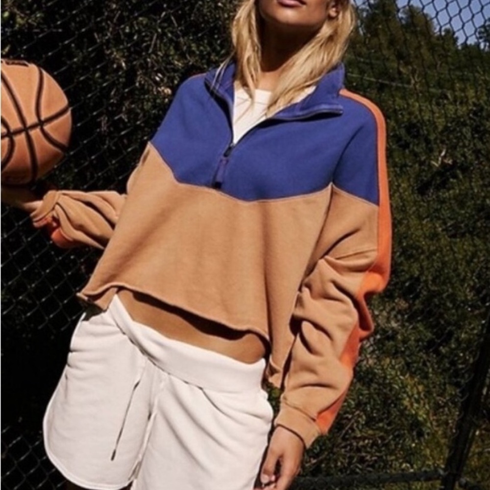 Free People Blue and Tan Quarter-Zip Pullover size large